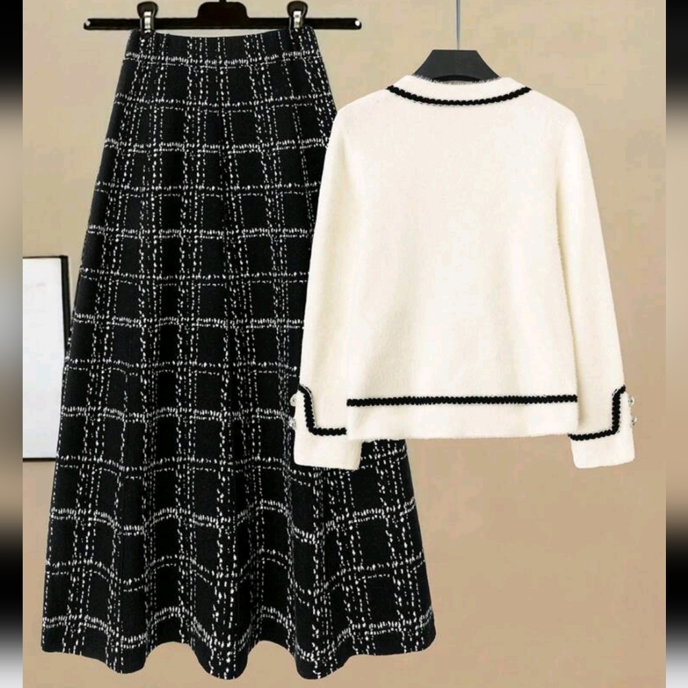 Set Women French Style Wool Blend Cardigan Sweater And Plaid A-Line Midi Skirt - Picture 2 of 7
